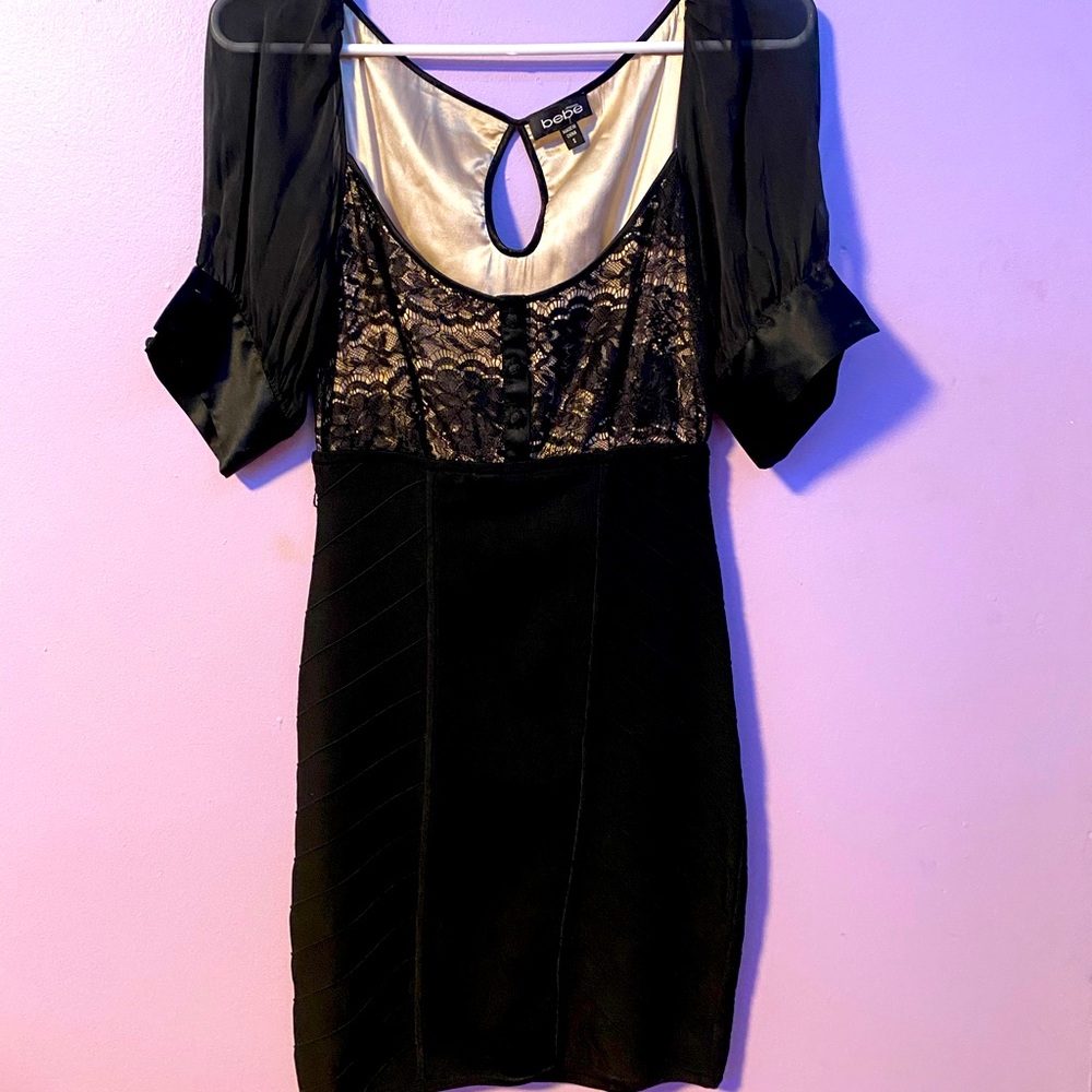 Bebe Black Fitted Mini Dress w/ Puff Mesh Sleeves